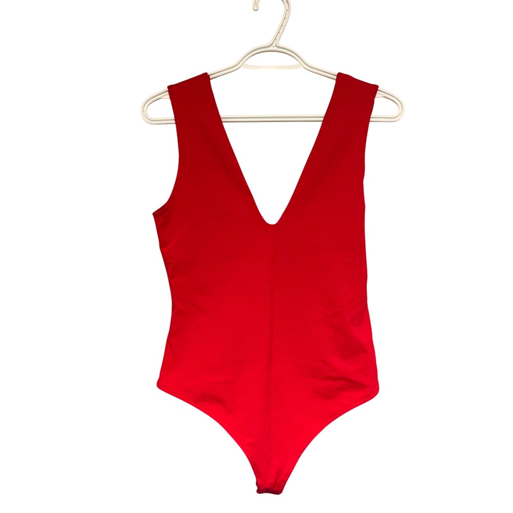 Intimately Free People Keep It Sleek Red V-Neck Thong Bodysuit Women's Medium